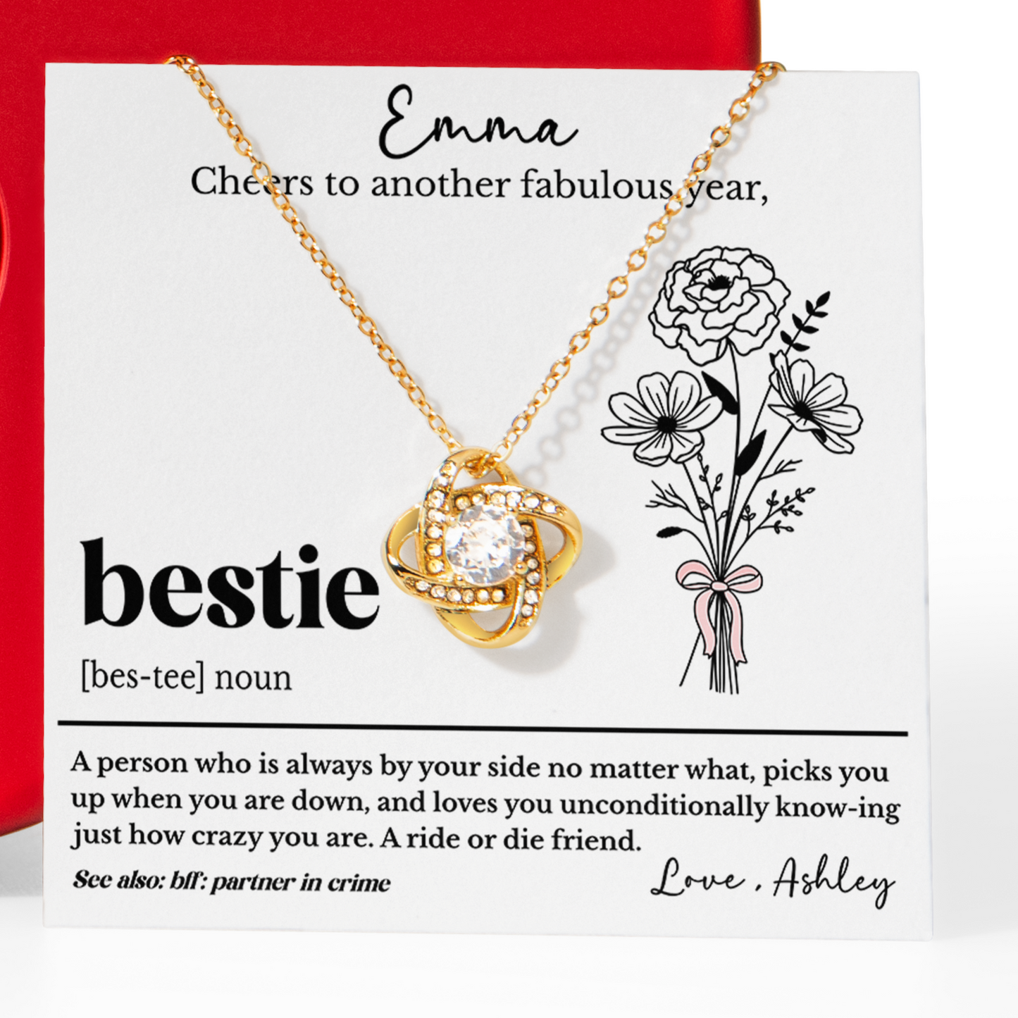 Personalized Bestie Birthday Love Knot Necklace Gift Set with Birth Flower & Red Heart Rose Box