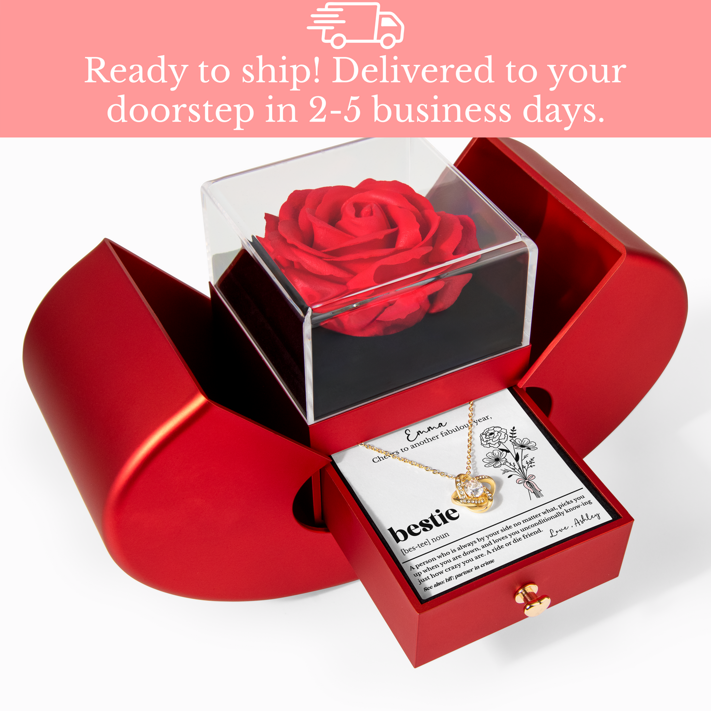 Personalized Bestie Birthday Love Knot Necklace Gift Set with Birth Flower & Red Heart Rose Box