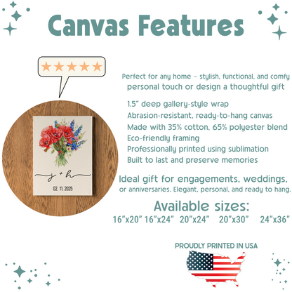 Personalized Birth Flower Canvas Art with Couple Initials & Date