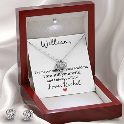 Personalized Widow Wife Love Knot Necklace & Earrings with Heartfelt Memorial Message Card