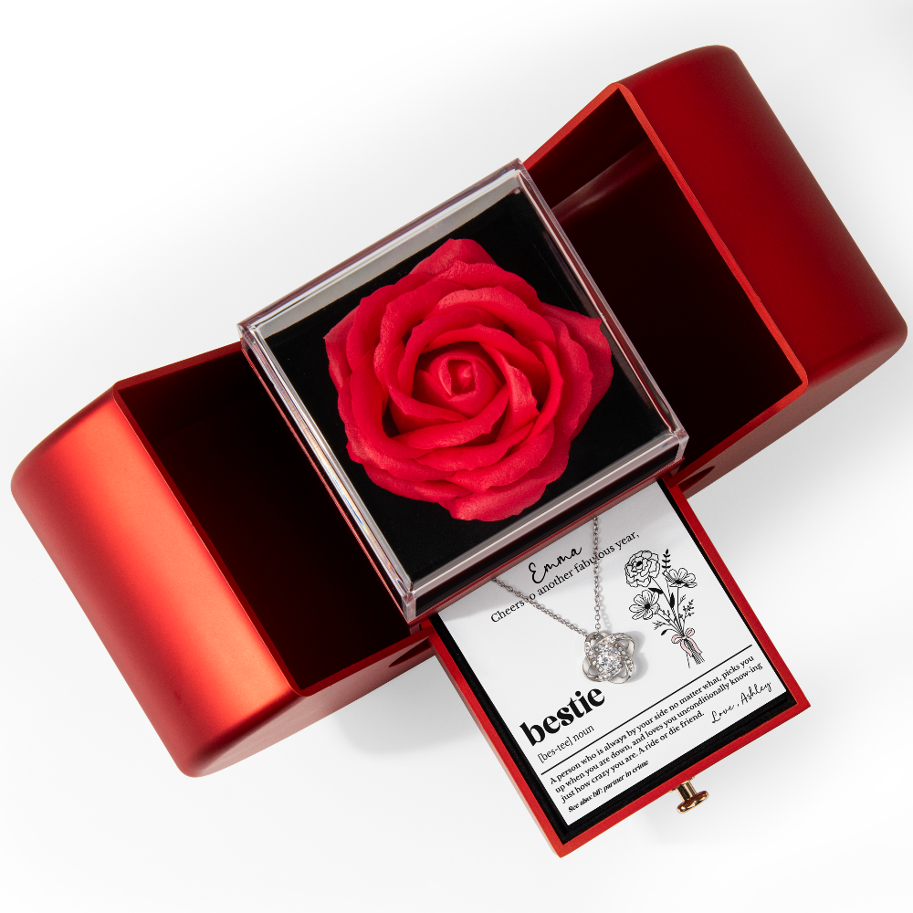 Personalized Bestie Birthday Love Knot Necklace Gift Set with Birth Flower & Red Heart Rose Box