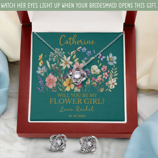 Personalized Flower Girl Jewelry Set with Custom Floral Message Card, Bridesmaid Proposal Jewelry Set
