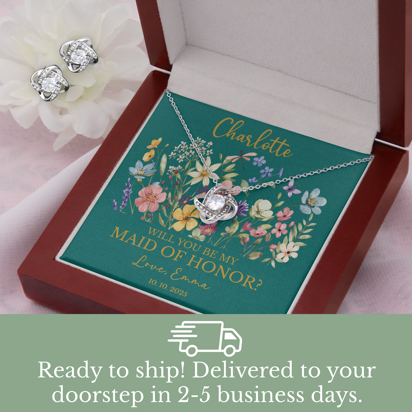 Personalized Flower Girl Jewelry Set with Custom Floral Message Card, Bridesmaid Proposal Jewelry Set
