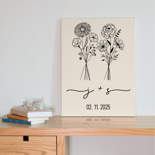 Personalized Birth Flower Canvas Art with Couple Initials & Date