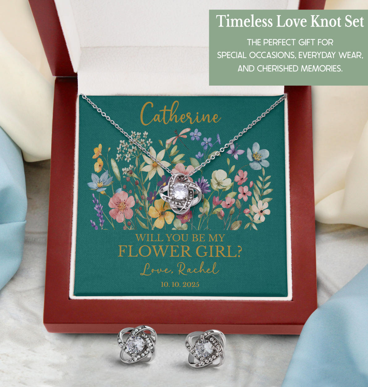 Personalized Flower Girl Jewelry Set with Custom Floral Message Card, Bridesmaid Proposal Jewelry Set
