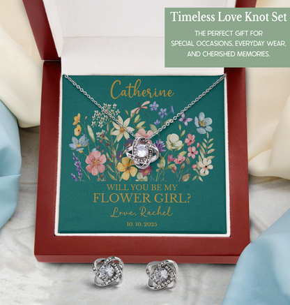 Personalized Flower Girl Jewelry Set with Custom Floral Message Card, Bridesmaid Proposal Jewelry Set