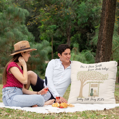 Couple sitting on a blanket with a personalized pillow in a park