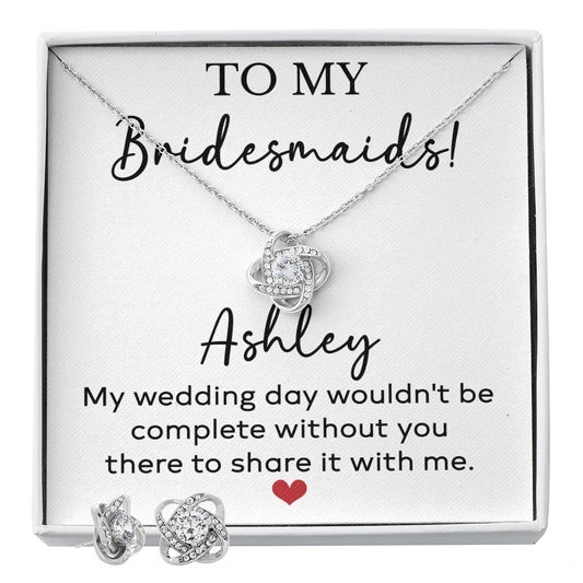 Personalized To My Bridesmaid Proposal Gift Love Knot Necklace & Earring Set
