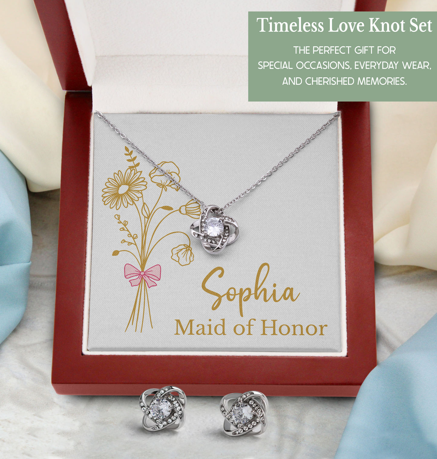 Personalized Bridesmaid Jewelry Set with Gold Line Art Birth Flower Bouquet & Custom Message Card