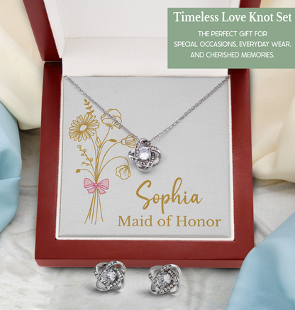 Personalized Bridesmaid Jewelry Set with Gold Line Art Birth Flower Bouquet & Custom Message Card