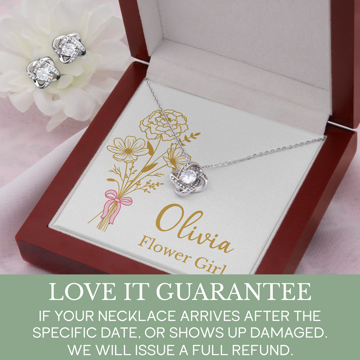 Personalized Bridesmaid Jewelry Set with Gold Line Art Birth Flower Bouquet & Custom Message Card
