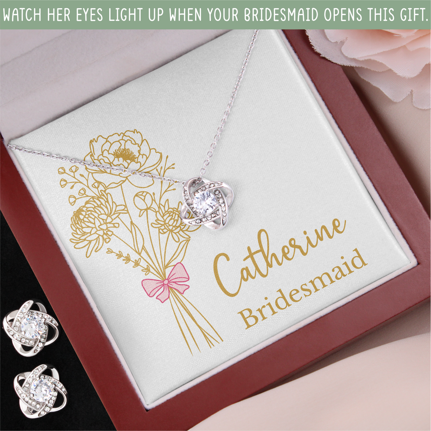 Personalized Bridesmaid Jewelry Set with Gold Line Art Birth Flower Bouquet & Custom Message Card