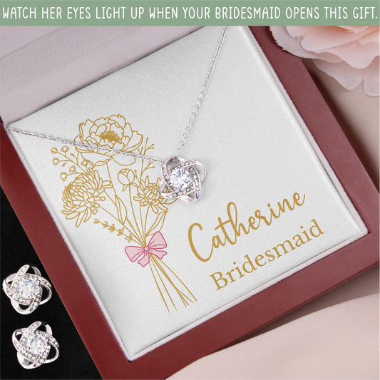 Personalized Bridesmaid Jewelry Set with Gold Line Art Birth Flower Bouquet & Custom Message Card