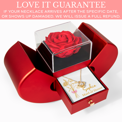 Personalized Rose & Love Knot Necklace Gift Set with Heart-Shaped Box & Custom Message Card
