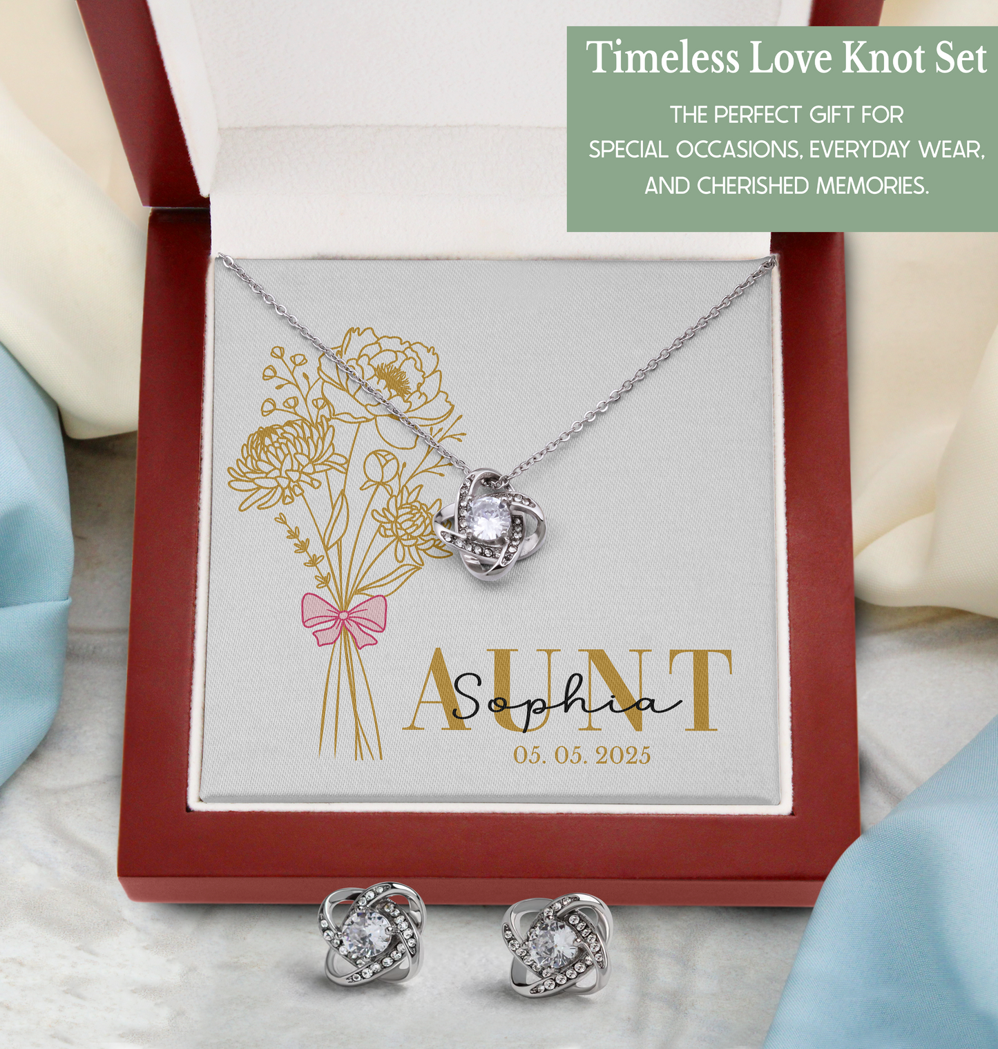 Personalized Mom Jewelry Set with Gold Birth Flower Bouquet and Custom Name & Date – New Mom Gift
