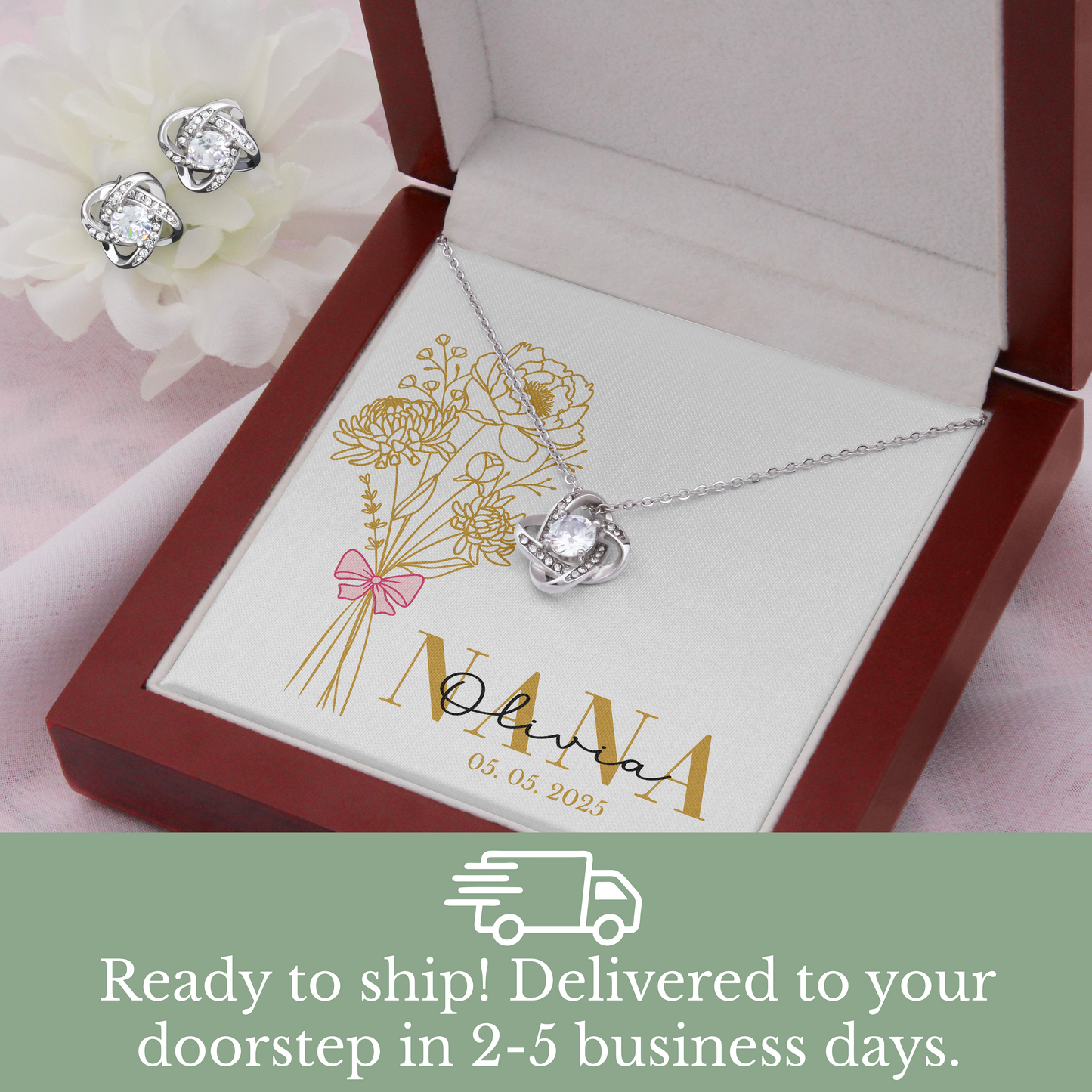 Personalized Mom Jewelry Set with Gold Birth Flower Bouquet and Custom Name & Date – New Mom Gift