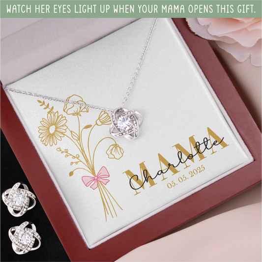 Personalized Mom Jewelry Set with Gold Birth Flower Bouquet and Custom Name & Date – New Mom Gift