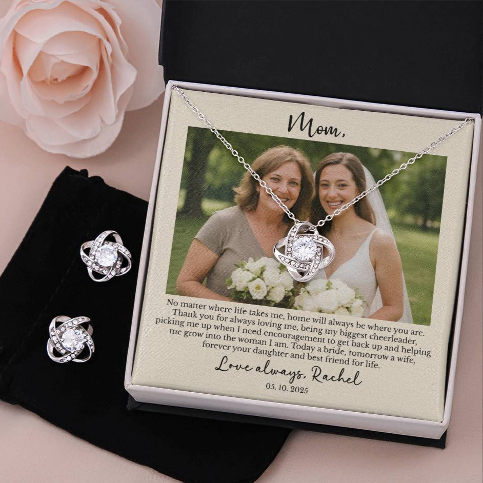 Personalized Mother of the Bride Gift from Daughter – Custom Love Knot Necklace & Earrings with Photo & Message