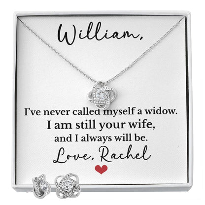 Personalized Widow Wife Love Knot Necklace & Earrings with Heartfelt Memorial Message Card