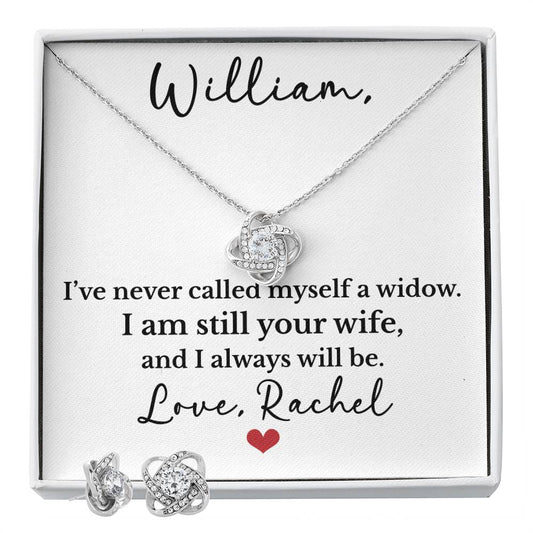 Personalized Widow Wife Love Knot Necklace & Earrings with Heartfelt Memorial Message Card