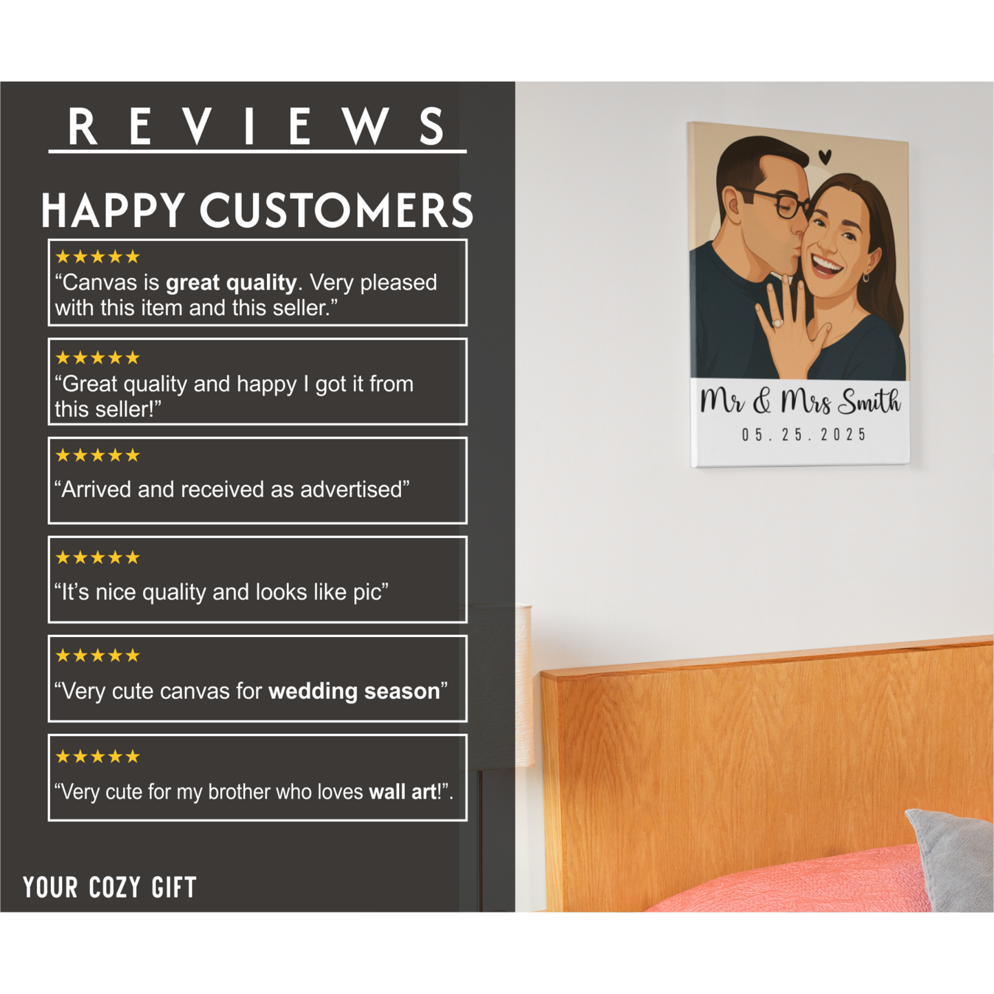 Custom Painted Couple Portrait Premium Gallery Wrapped Canvas – Personalized Photo Canvas Gift
